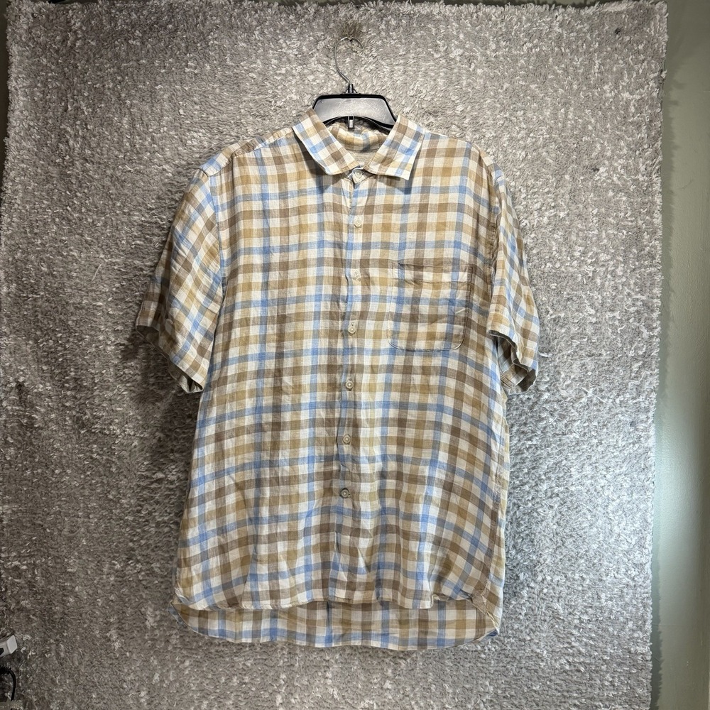 Joseph Abboud Linen Button Up Plaid Shirt L Preppy Coastal Western